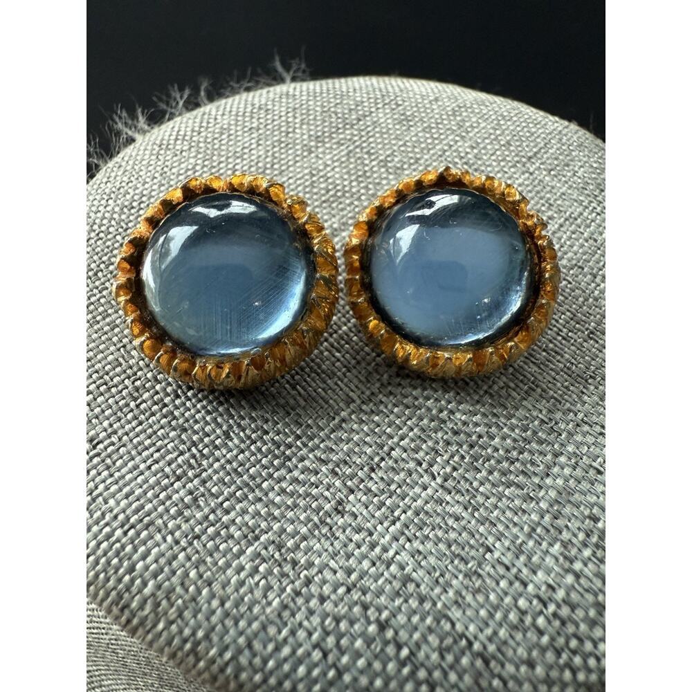 Vintage Aqua Carbachon Earrings Clip On Gold Tone Round Classic Capsule